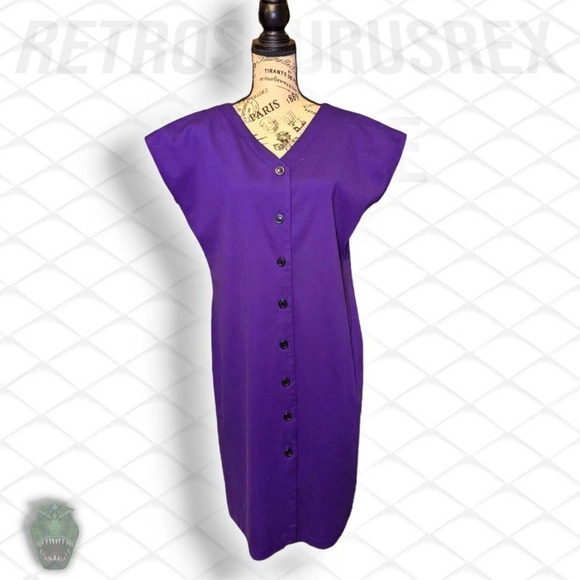 Vintage 1980's Grape Purple Rockabilly Twee Button Front / Back Secretary Dress - Picture 7 of 11